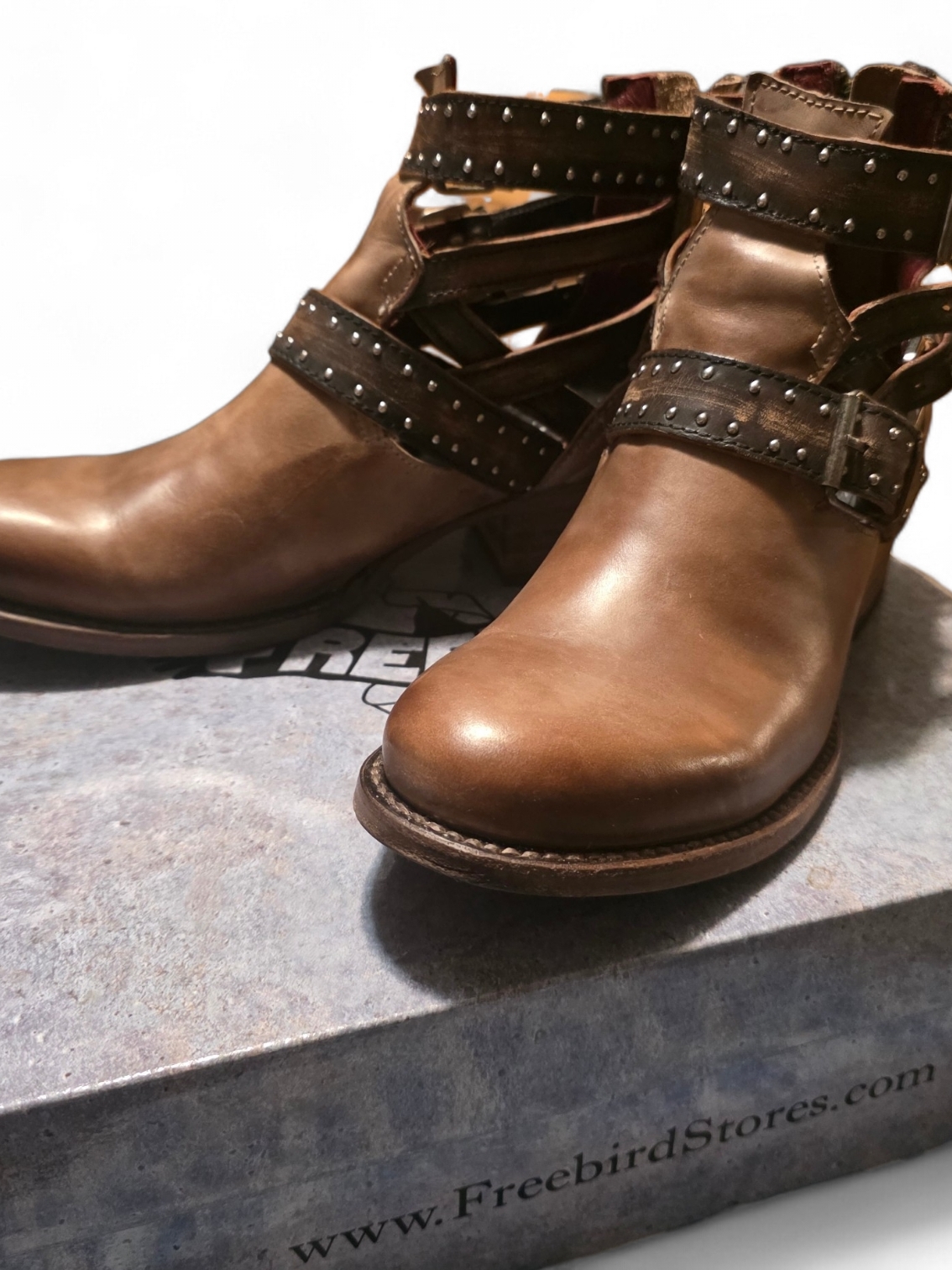 Freebird By Steven Belgium Tan Brown Leather Studded Cutout Booties